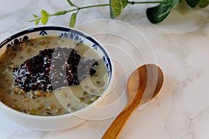 Bubur kacang hijau ketan hitam, Indonesian sweet dessert made from mung beansÂ porridgeÂ topping with black sticky rice
